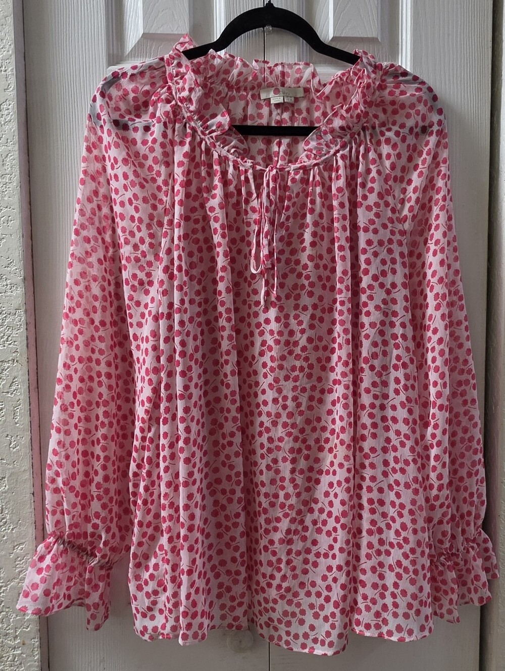 Boden Florence Blouse Pink Floral Ruffle Trim Sheer Tie Neck Long Sleeve US 14